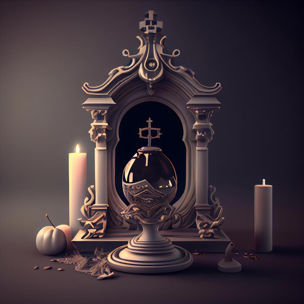 3d illustration of a halloween grave with a candle and pumpkins, Image photo