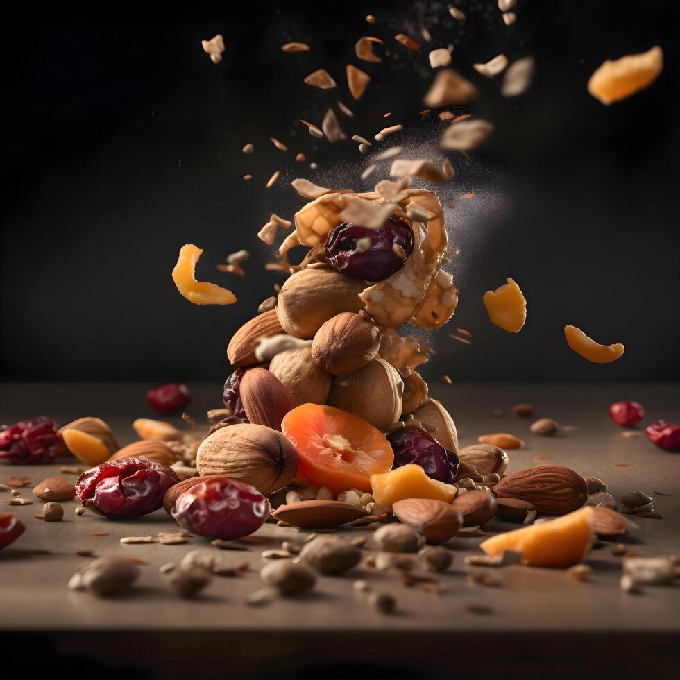 calabaza con nueces volador en el aire en un negro fondo, ai generativo imagen foto