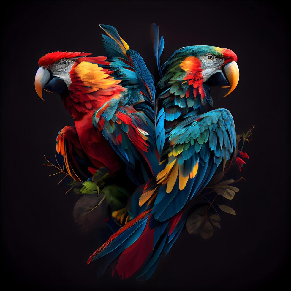 Colorful macaw parrot isolated on black background, illustration, Image photo