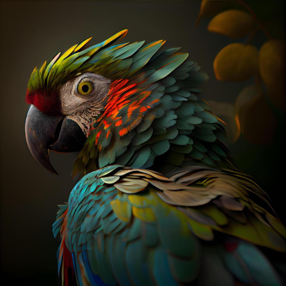 Beautiful macaw parrot on a dark background. 3d rendering, Image photo