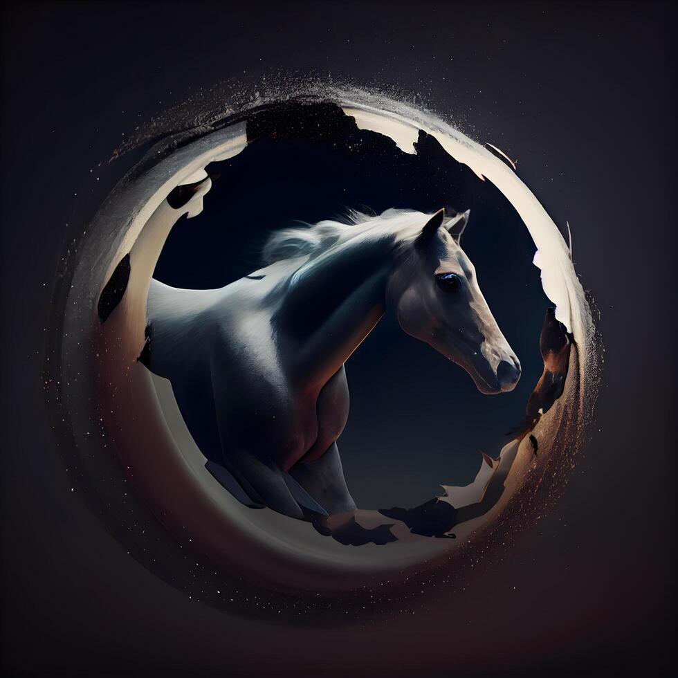 White horse in a hole in the wall. 3D rendering., Image photo