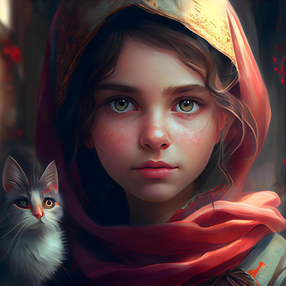 3D rendering of a young girl with a cat in her hair, Image photo