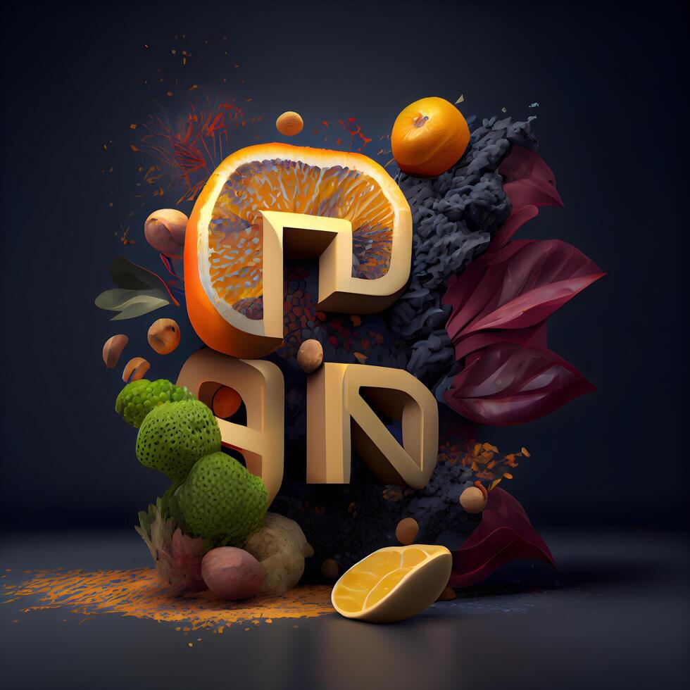 Fruits and vegetables on a dark background. 3D illustration., Image photo