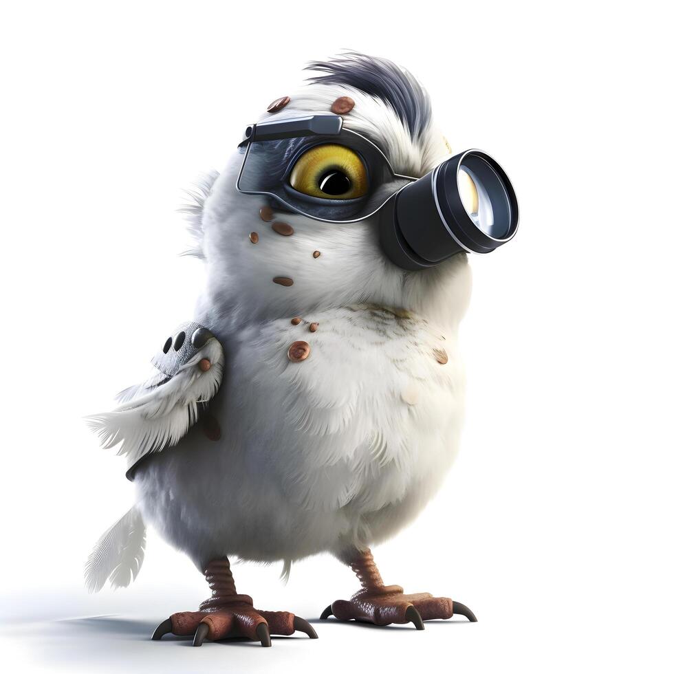 cute owl in a cap with binoculars on a white background, Image photo