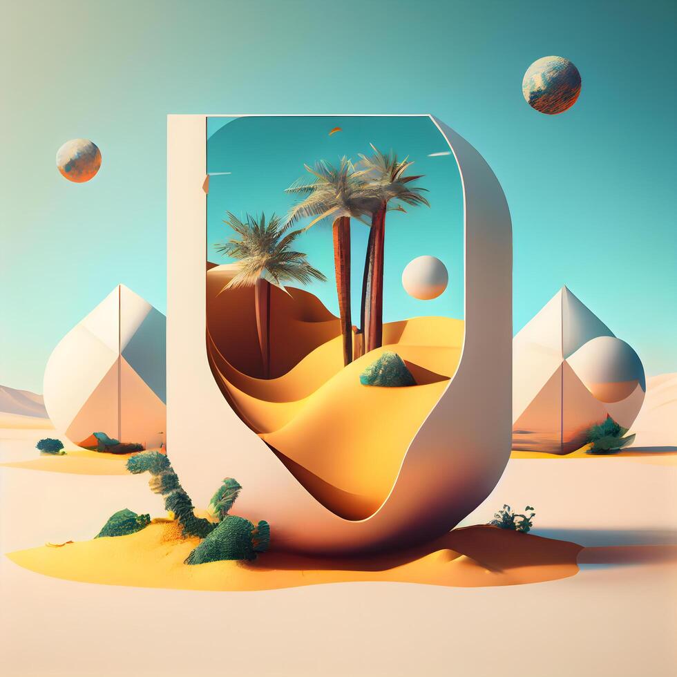 3d rendering of a stone in the middle of the desert surrounded by palm trees, Image photo