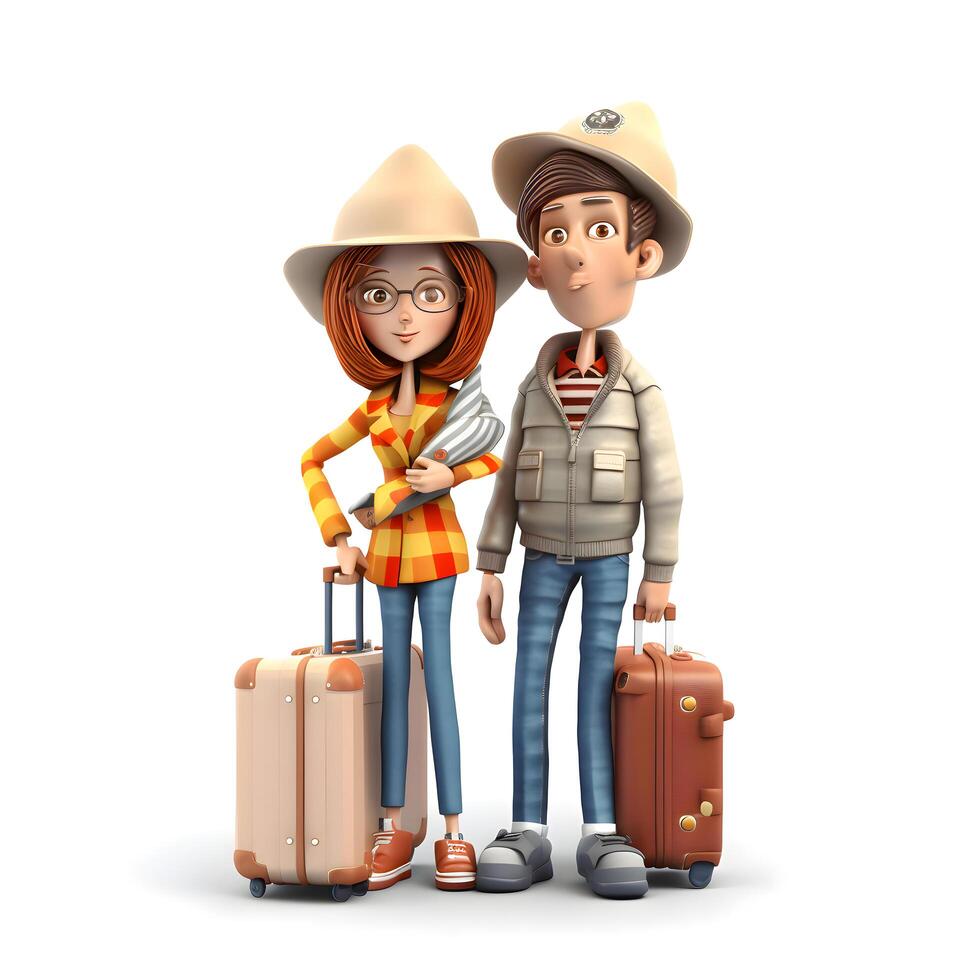 3D illustration of a young couple traveling with suitcases isolated on white background, Image photo