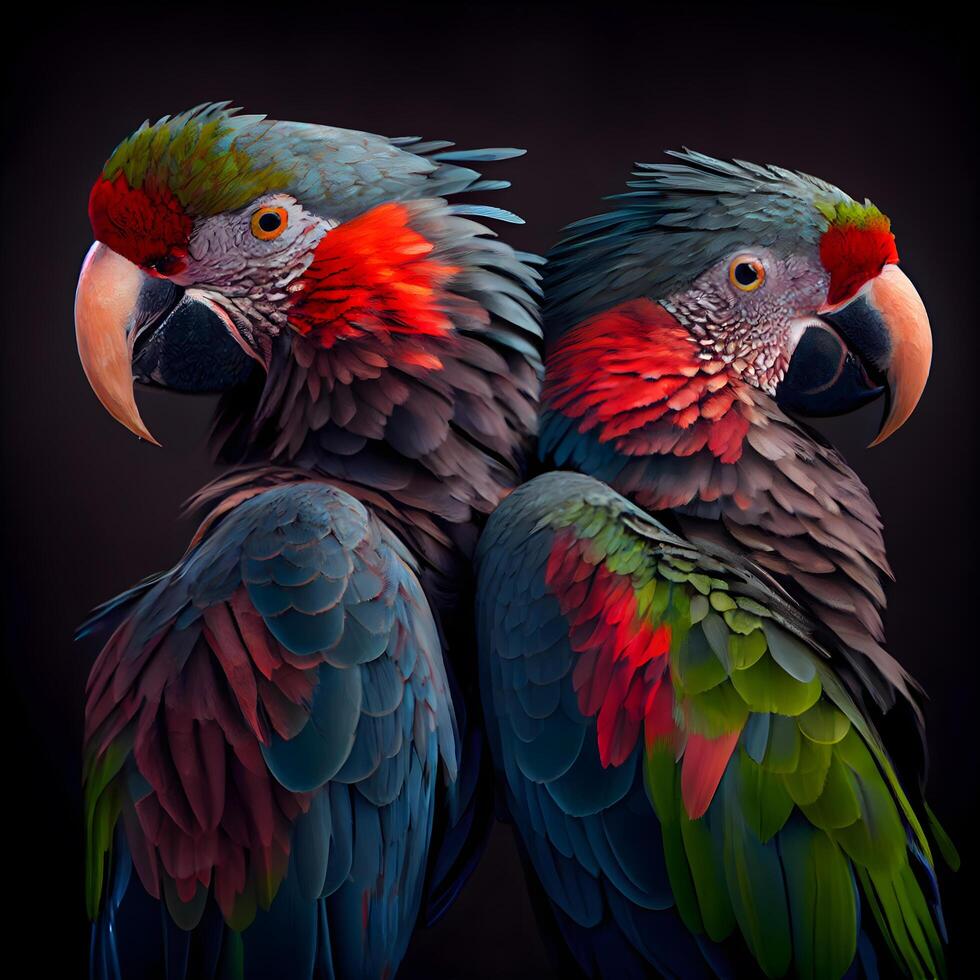 Two beautiful macaw parrots on a dark background. 3d rendering, Image photo