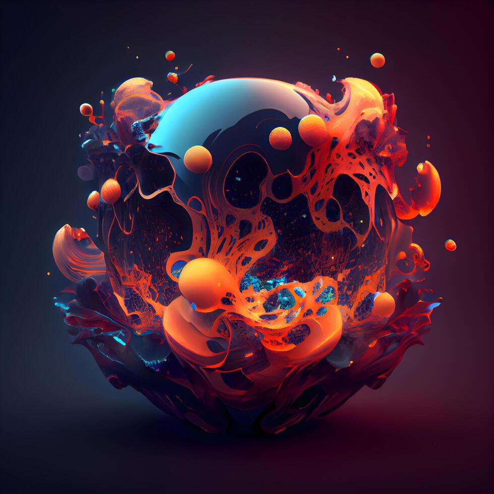 3d illustration of abstract sphere with blue and orange splashes., Image photo