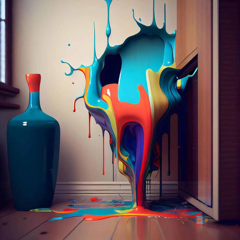 Colorful paint splashing out of a bottle. 3d rendering, Image photo