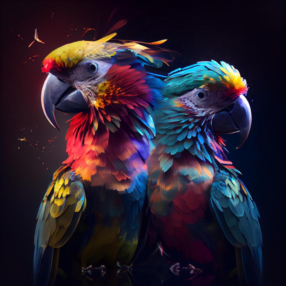 Colorful macaw parrots on a dark background, close up, Image photo