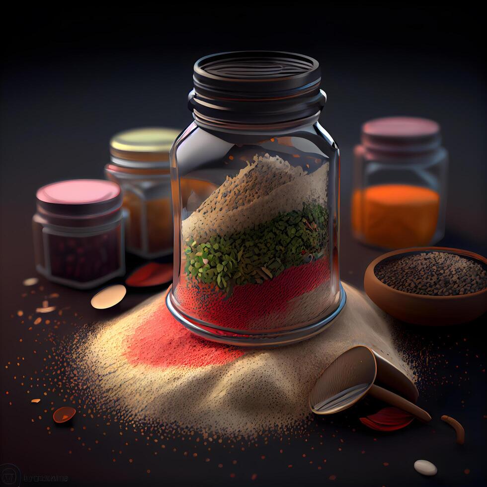 Spices in a glass jar on a dark background. 3d rendering, Image photo