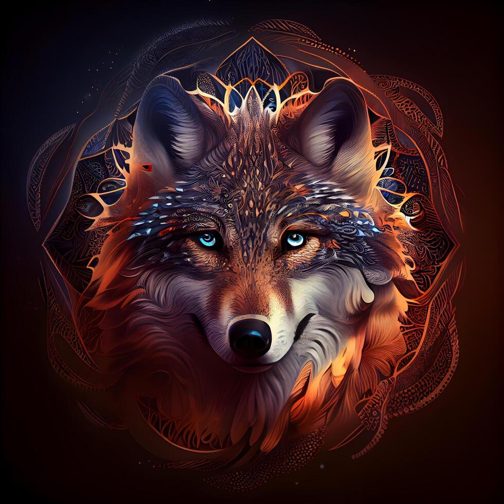 Portrait of a wolf with a pattern on the background. illustration., Image photo