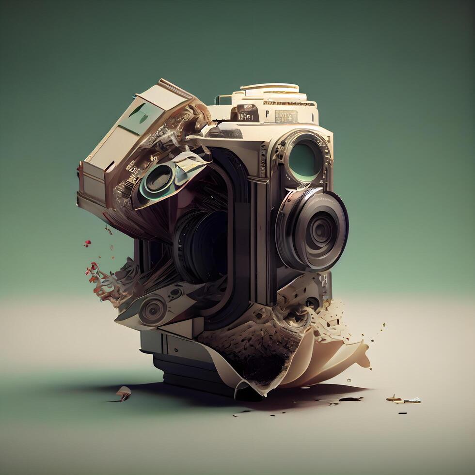 Retro camera exploding in the air. 3d render illustration., Image photo