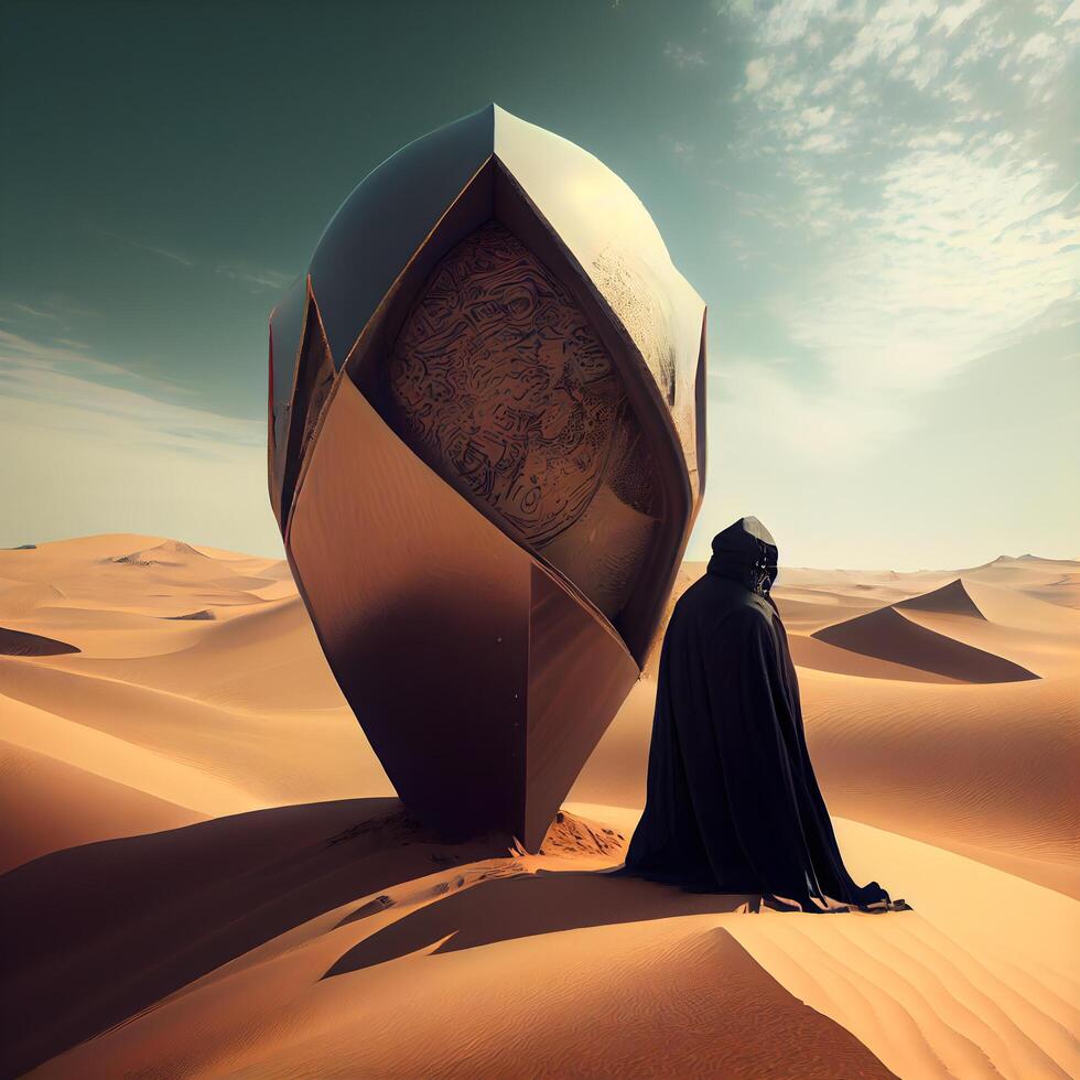 un hombre en un negro capa en el desierto. 3d prestar, ai generativo imagen foto