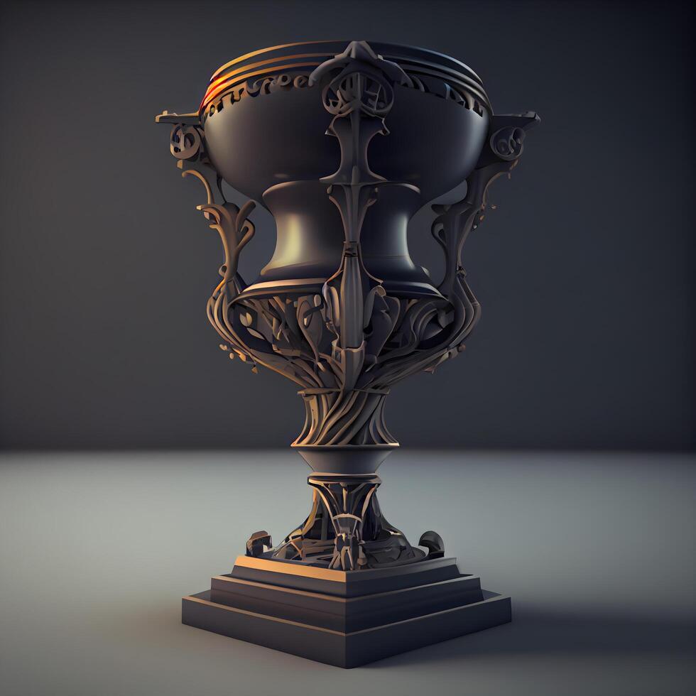 3d render of a golden trophy cup on a dark background., Image photo