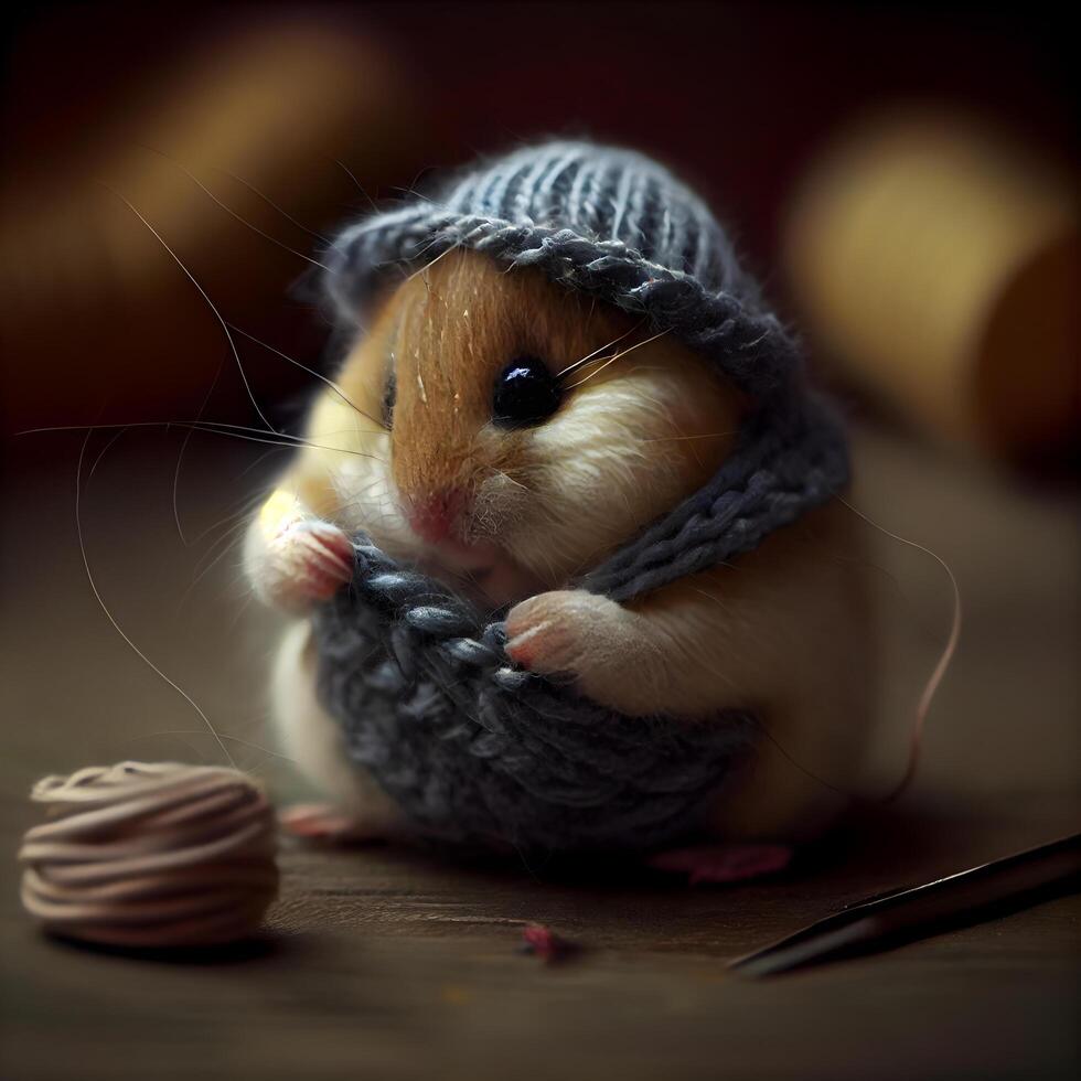 Hamster in a knitted cap and scarf on a wooden background, Image photo