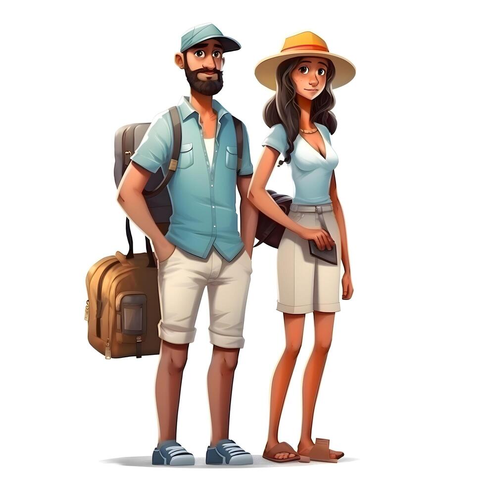 Traveling couple with suitcases in the city. illustration., Image photo