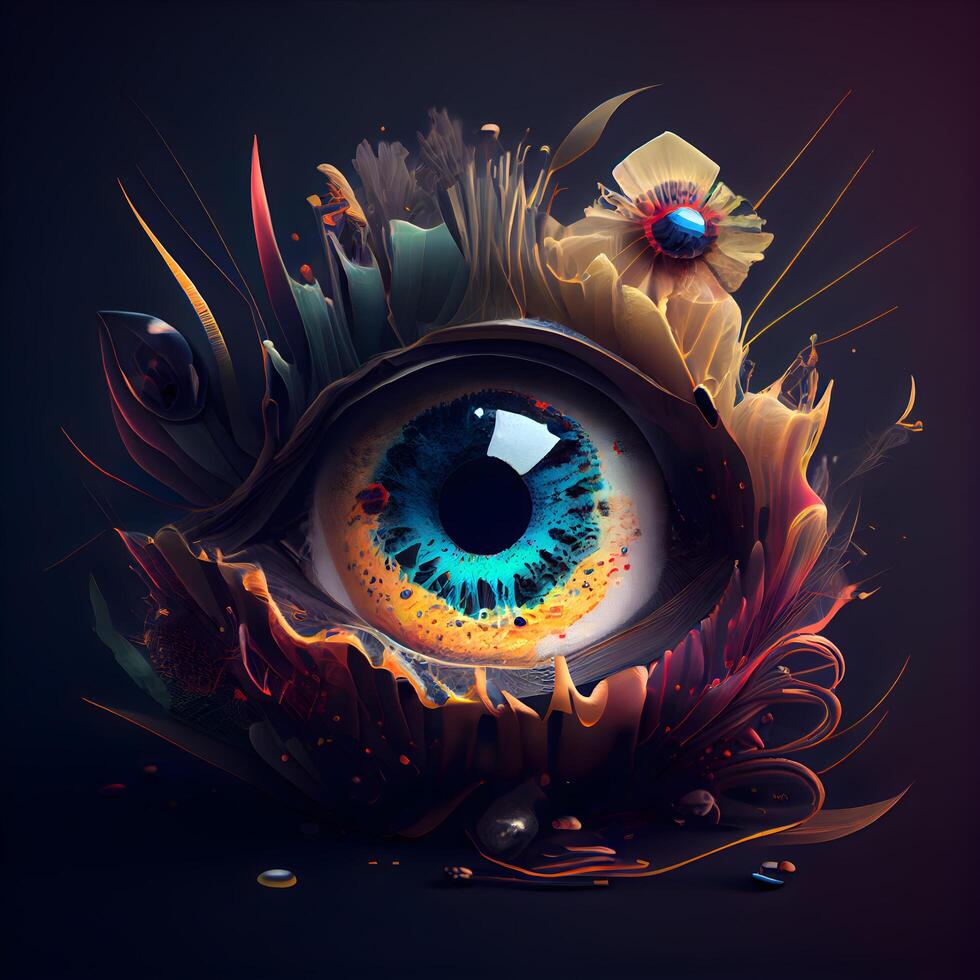 Abstract eye with floral ornament on black background. Fantasy illustration., Image photo