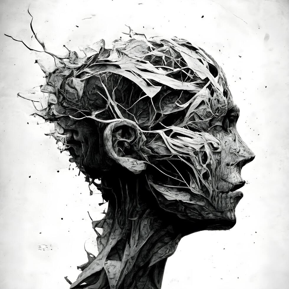 Digital illustration of a human head with black and white lines in grunge style, Image photo