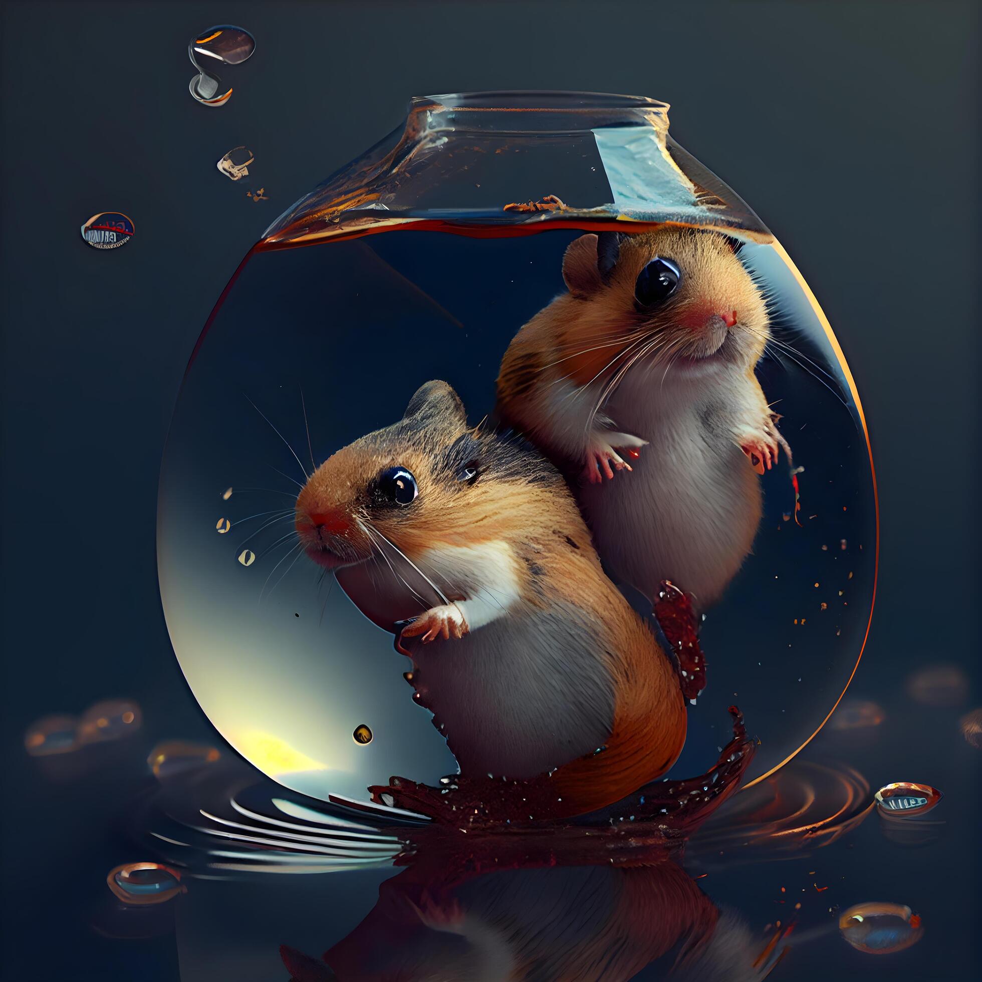 Hamsters in a round glass aquarium with water drops. 3d rendering
