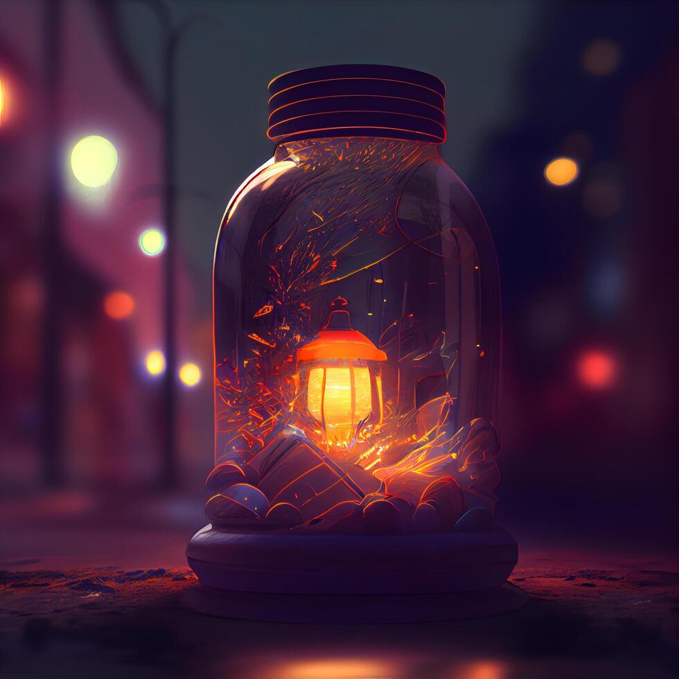 Burning lantern in a glass jar on the background of the night city, Image photo