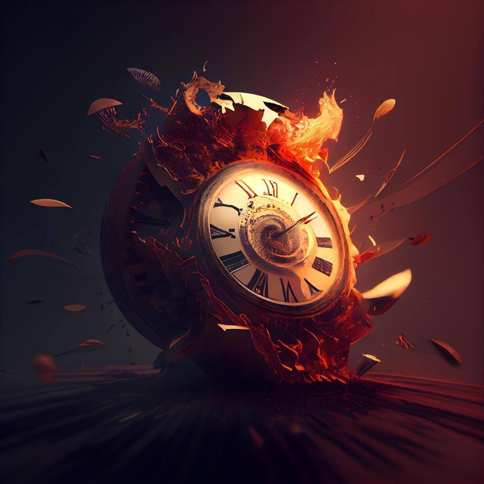 Time concept. Old clock on fire background. 3D illustration., Image photo