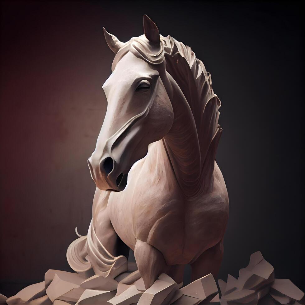 Horse sculpture made of wood on a dark background. 3d rendering, Image photo