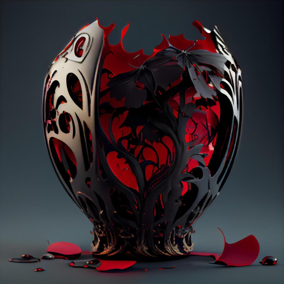 3D illustration of a heart made of metal with black and red elements, Image photo
