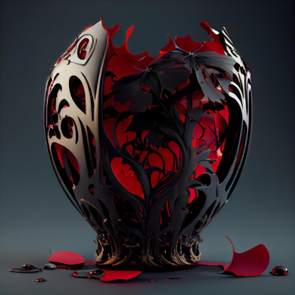 3D illustration of a heart made of metal with black and red elements, Image photo