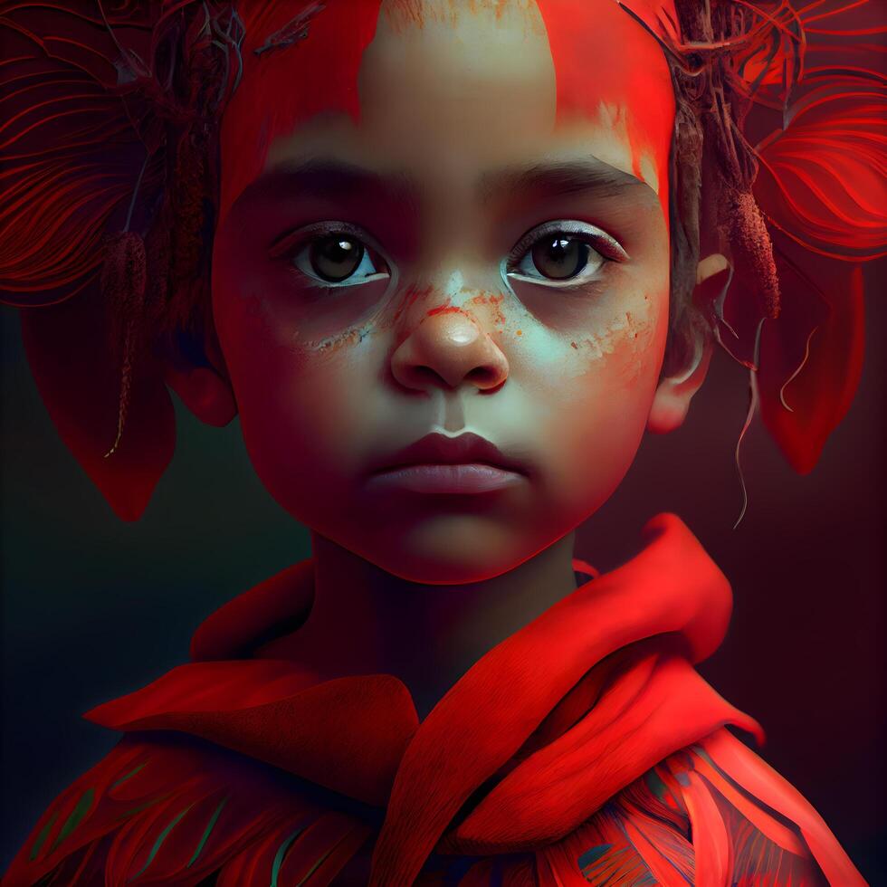 3d illustration of a little girl with a bloody face and a red scarf, Image photo