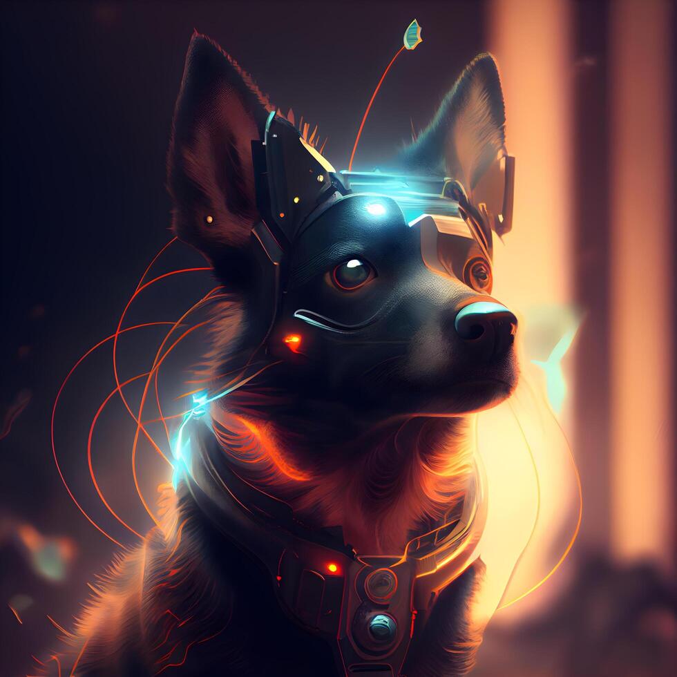 Portrait of a dog in a virtual helmet. 3d rendering, Image photo