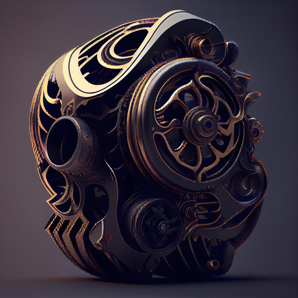 3d rendering of motorcycle helmet with gear wheels on a dark background, Image photo