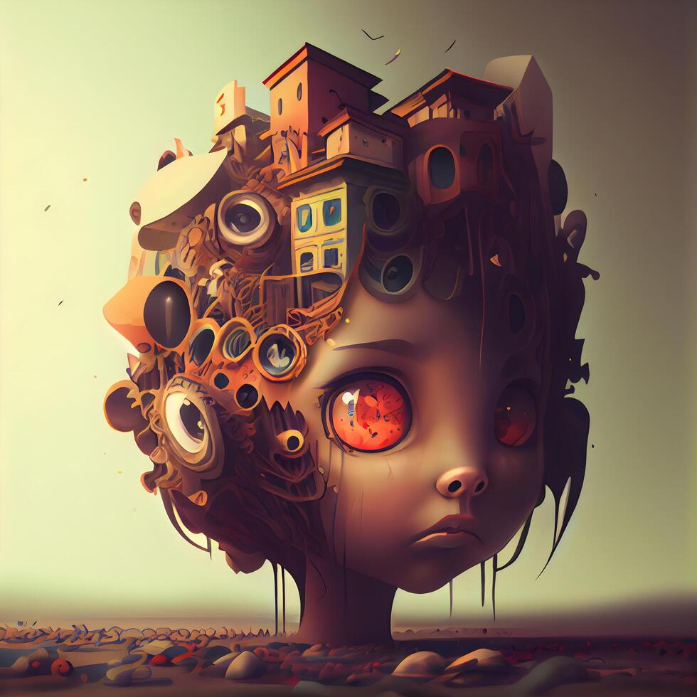 3d rendering of a girl's face with gears in her hair, Image photo