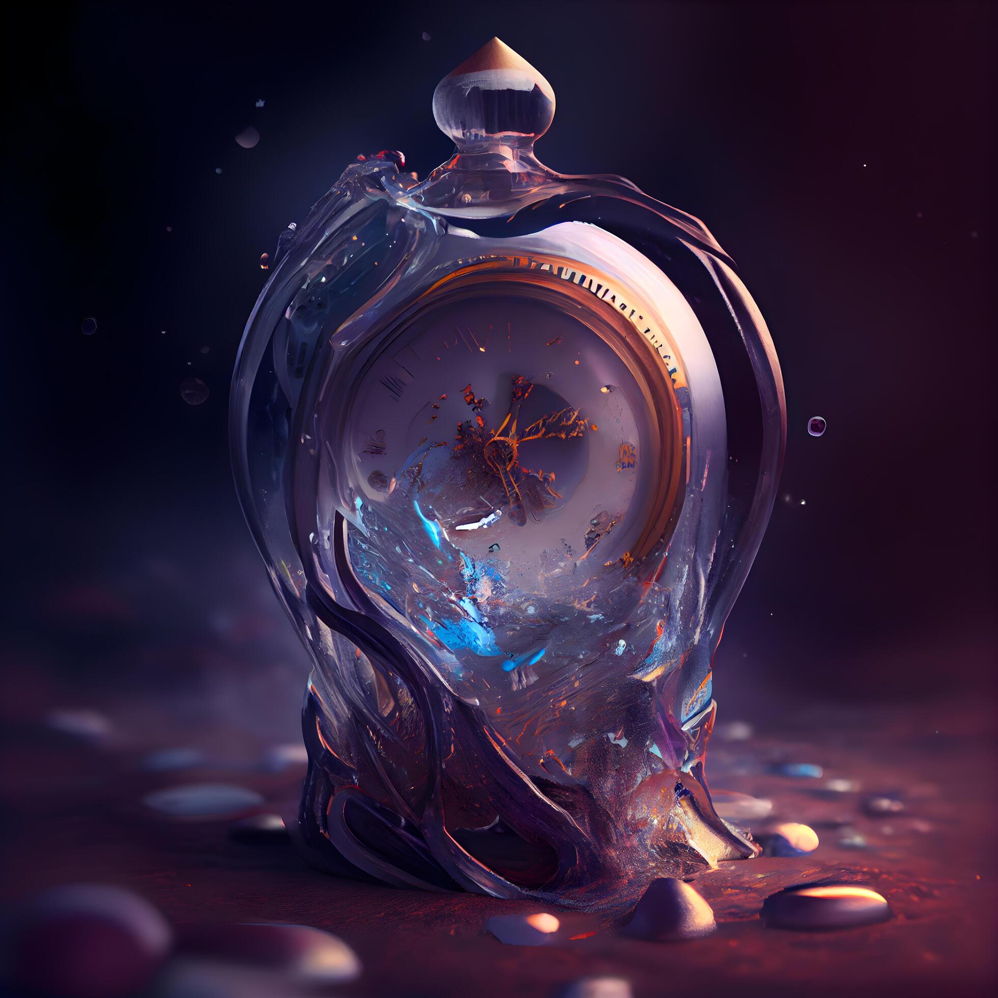Vintage pocket watch with water drops on dark background. 3D