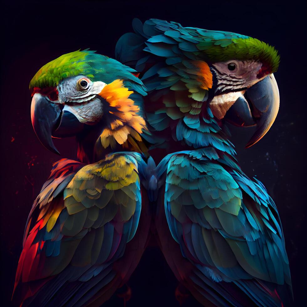 vistoso guacamayo loros en oscuro antecedentes. 3d representación, ai generativo imagen foto