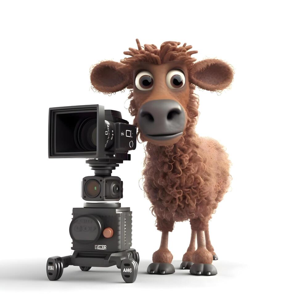 3d representación de un gracioso dibujos animados oveja con un cámara en un blanco fondo, ai generativo imagen foto