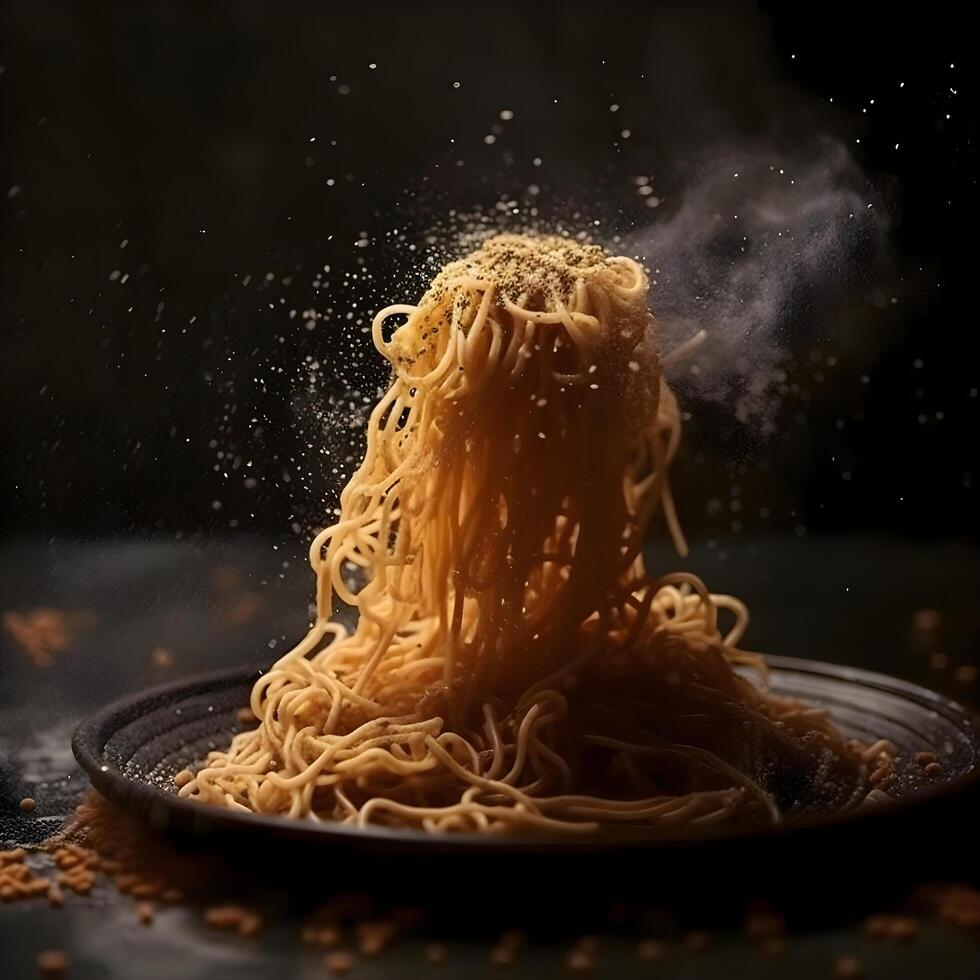 Dry instant noodle with splashes on a black background., Image photo