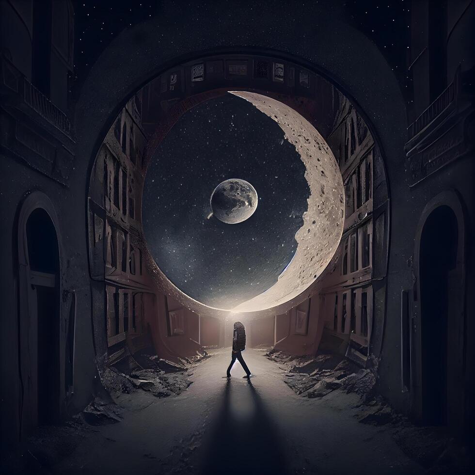 Woman looking at the moon through the doorway of an old abandoned building, Image photo