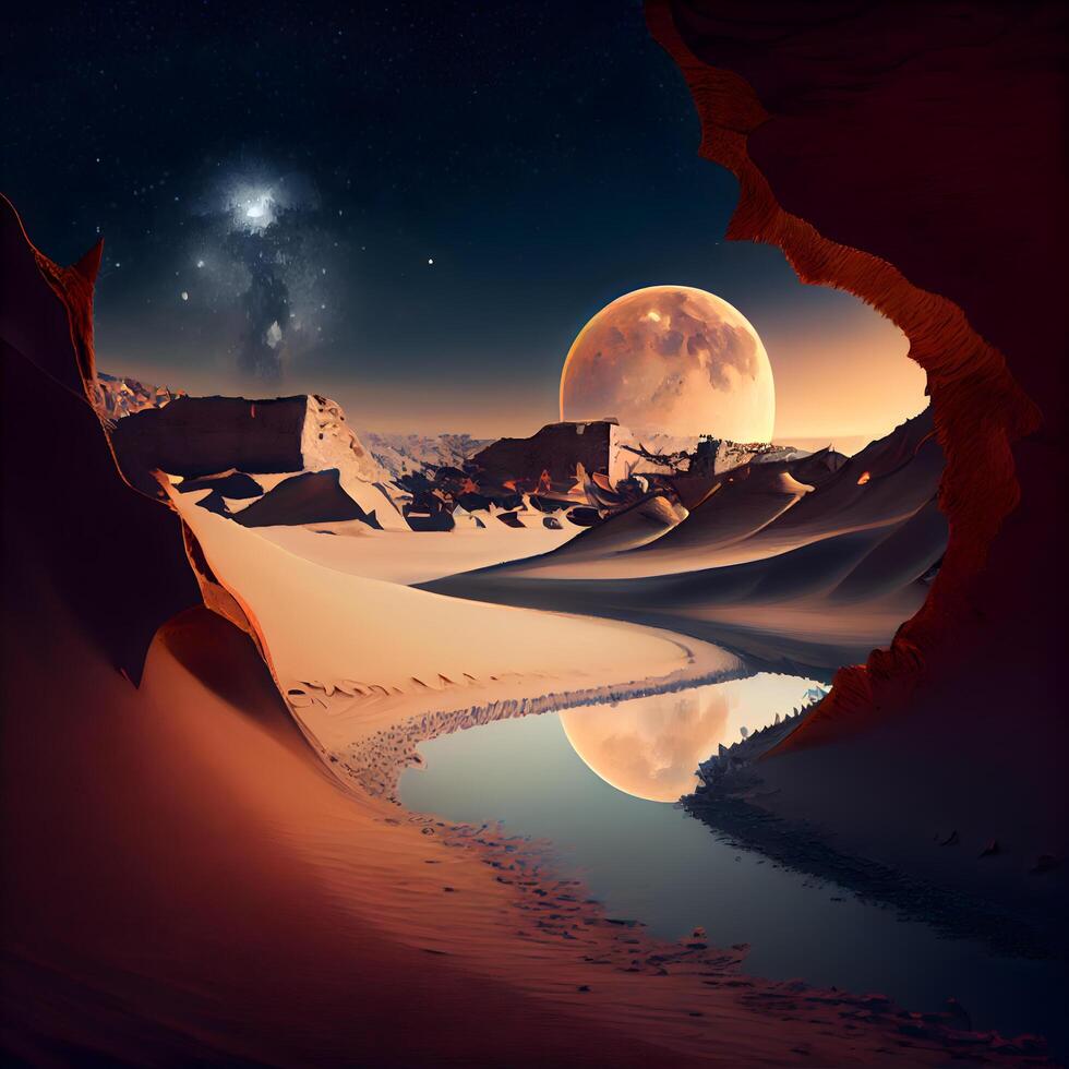 Alien Planet 3D Rendered Computer Artwork. Rocks and lake, Image photo