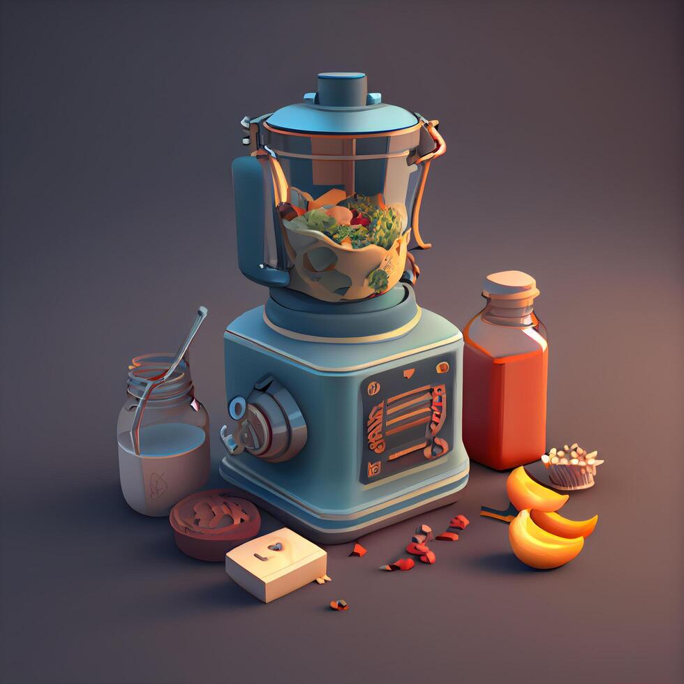 Kitchen blender with fruits and vegetables. 3d render illustration., Image photo