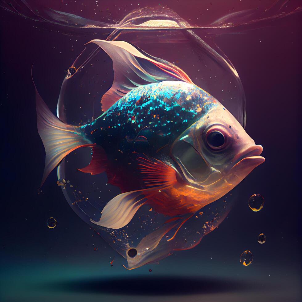 Beautiful goldfish in a glass aquarium with water. 3d rendering, Image photo