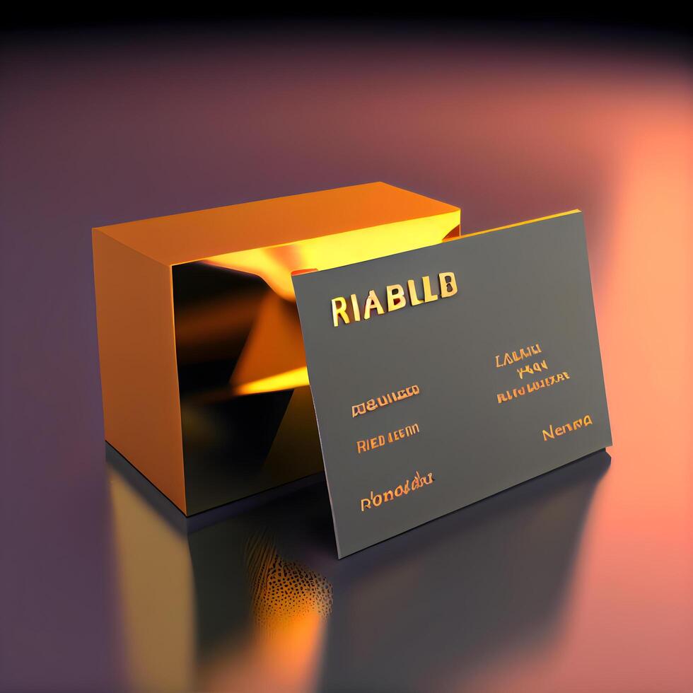 Illustration of a blank gold business card on a reflective background., Image photo