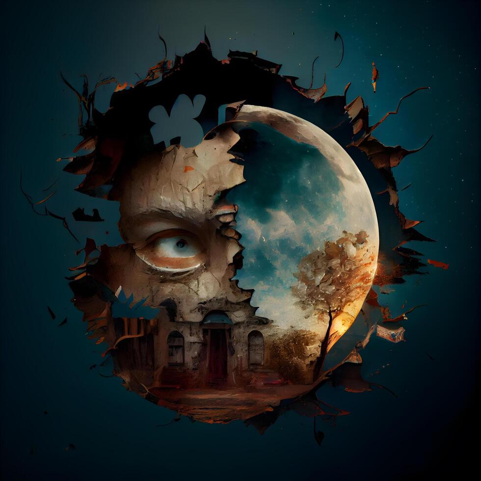 Grunge Halloween background with haunted house, moon and cemetery., Image photo