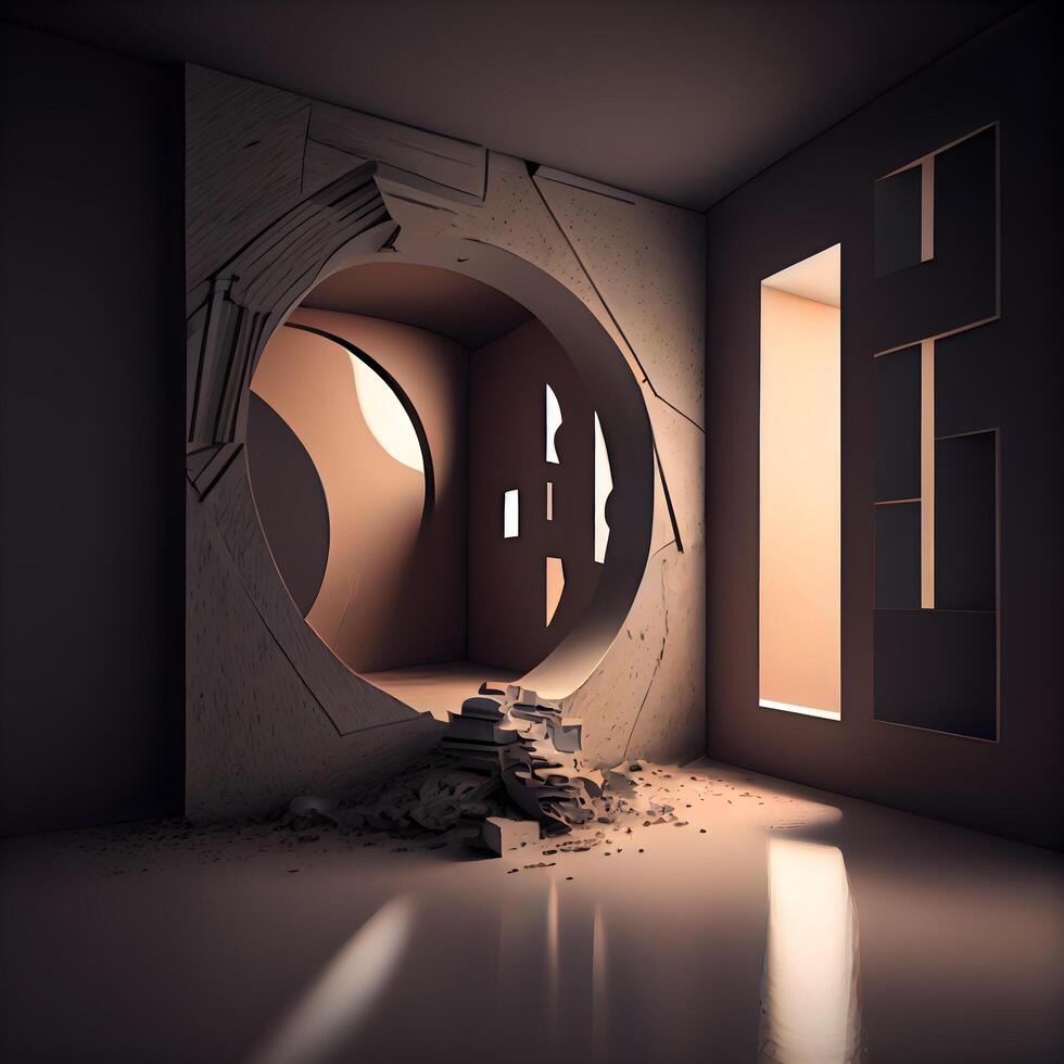 3d rendering of an empty room with a door in the middle, Image photo