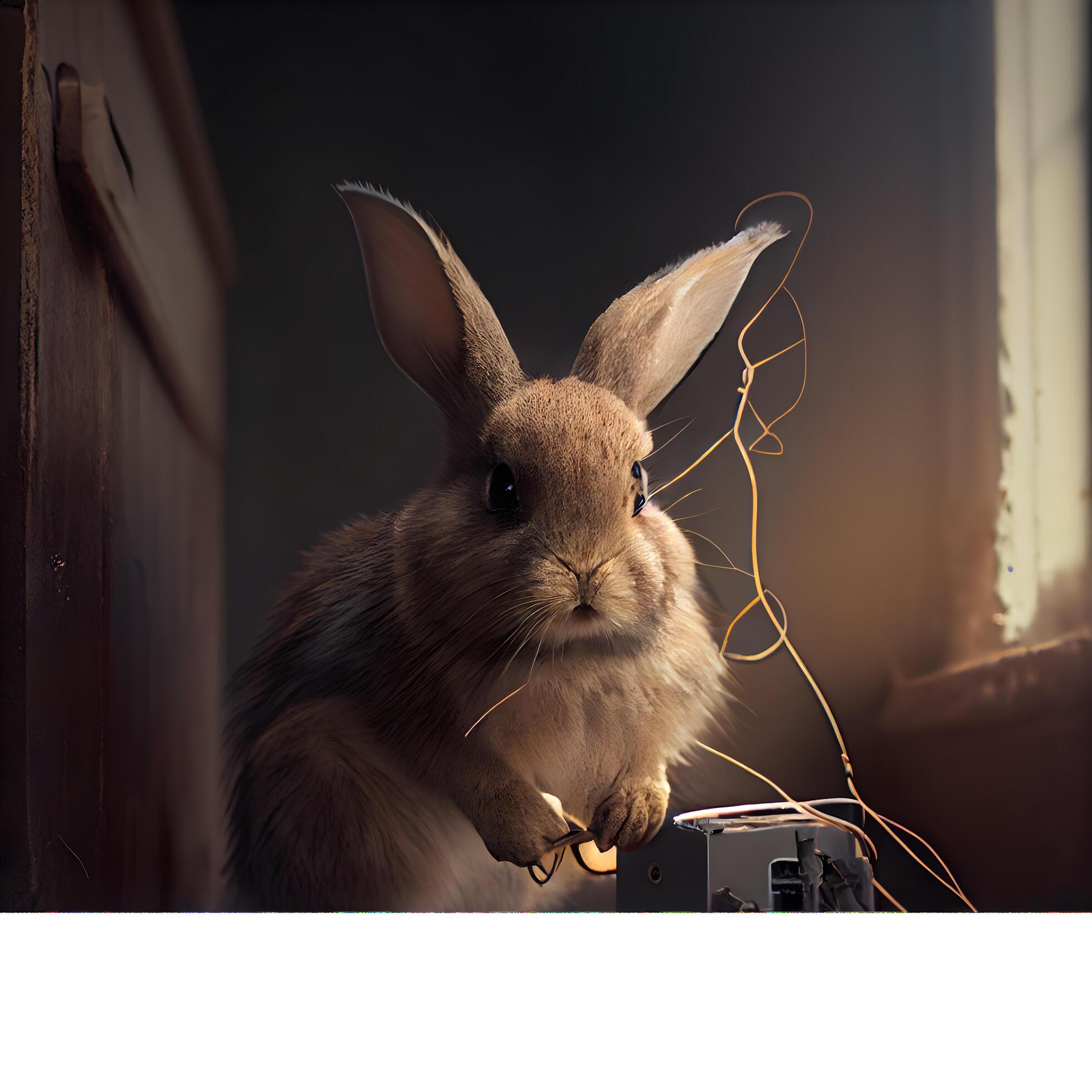 Rabbit with a camera on a dark background. Place for text., Ai