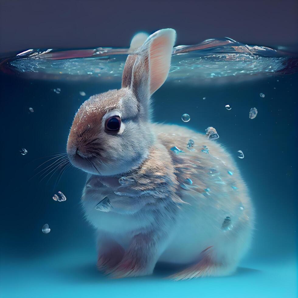 Rabbit in water with drops on blue background. 3d rendering, Image photo