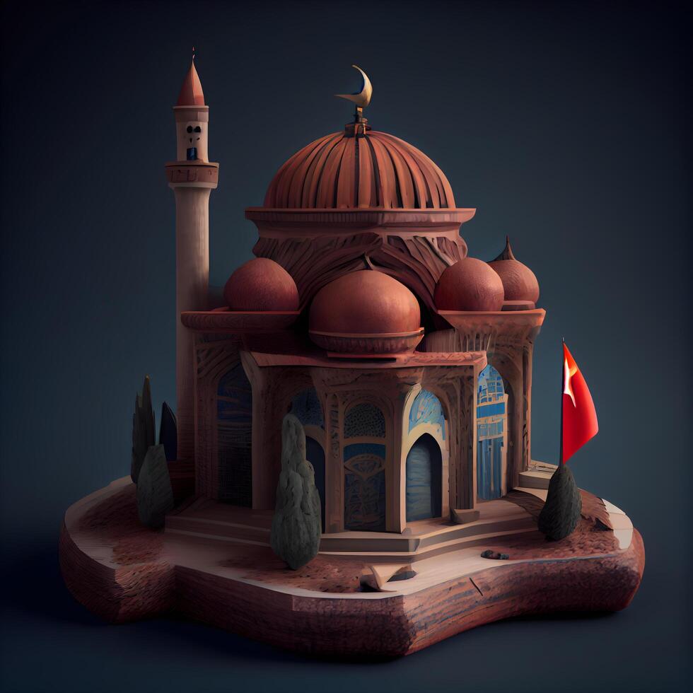 mezquita con minaretes en un oscuro antecedentes. 3d representación, ai generativo imagen foto