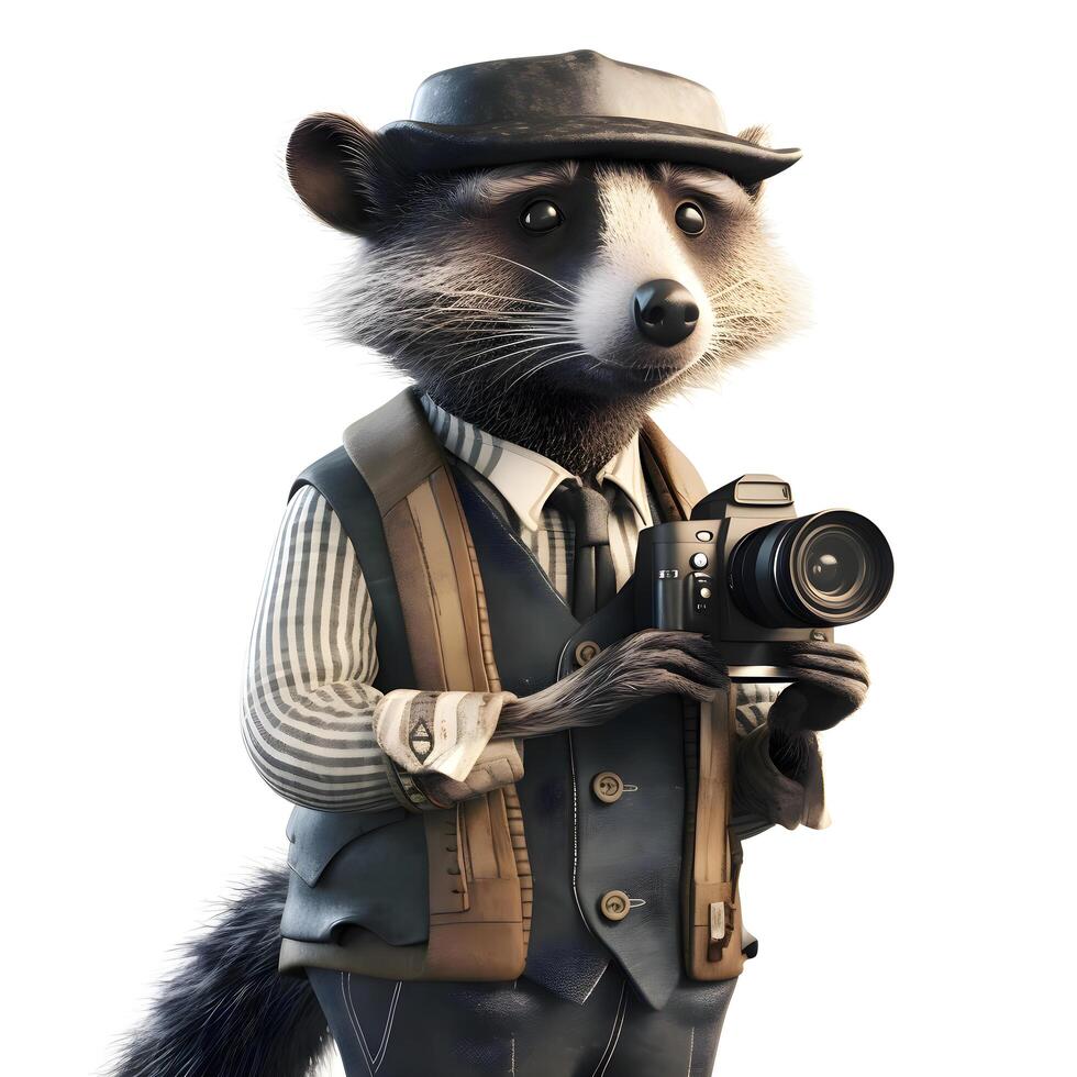 raccoon in a hat with a camera on a white background, Image photo