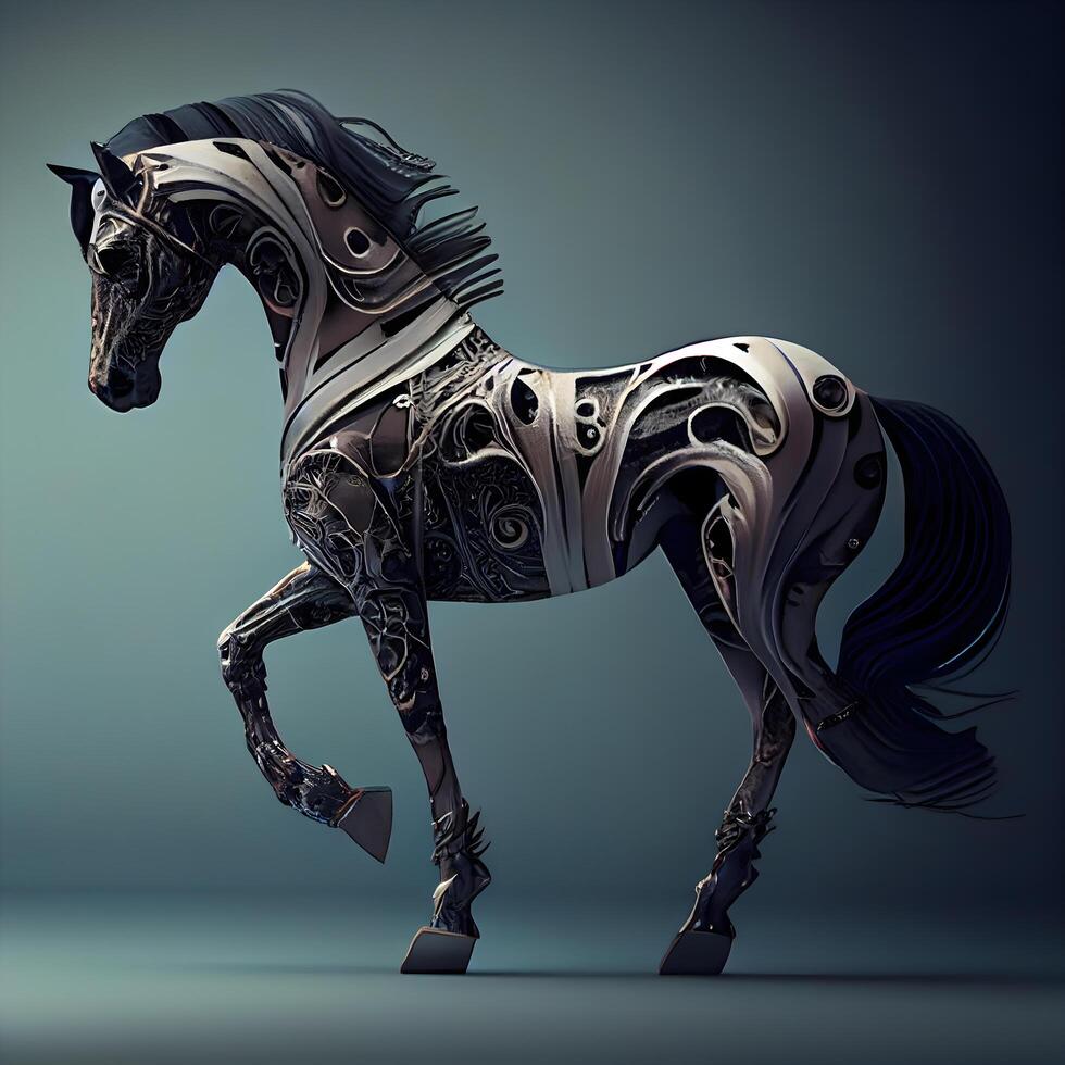 3d rendering of a black horse with metal ornament on a gray background, Image photo