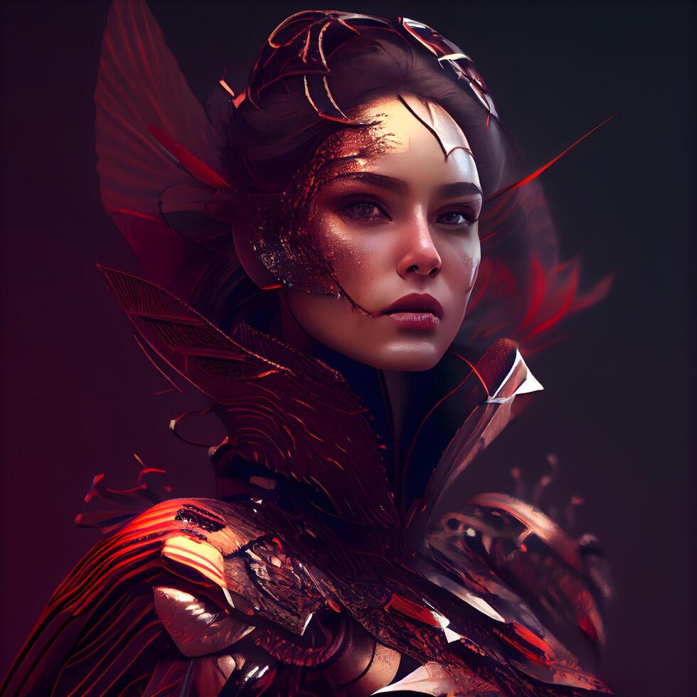 Fantasy portrait of a beautiful woman with red skin and metal wings. Beauty, fashion., Image photo